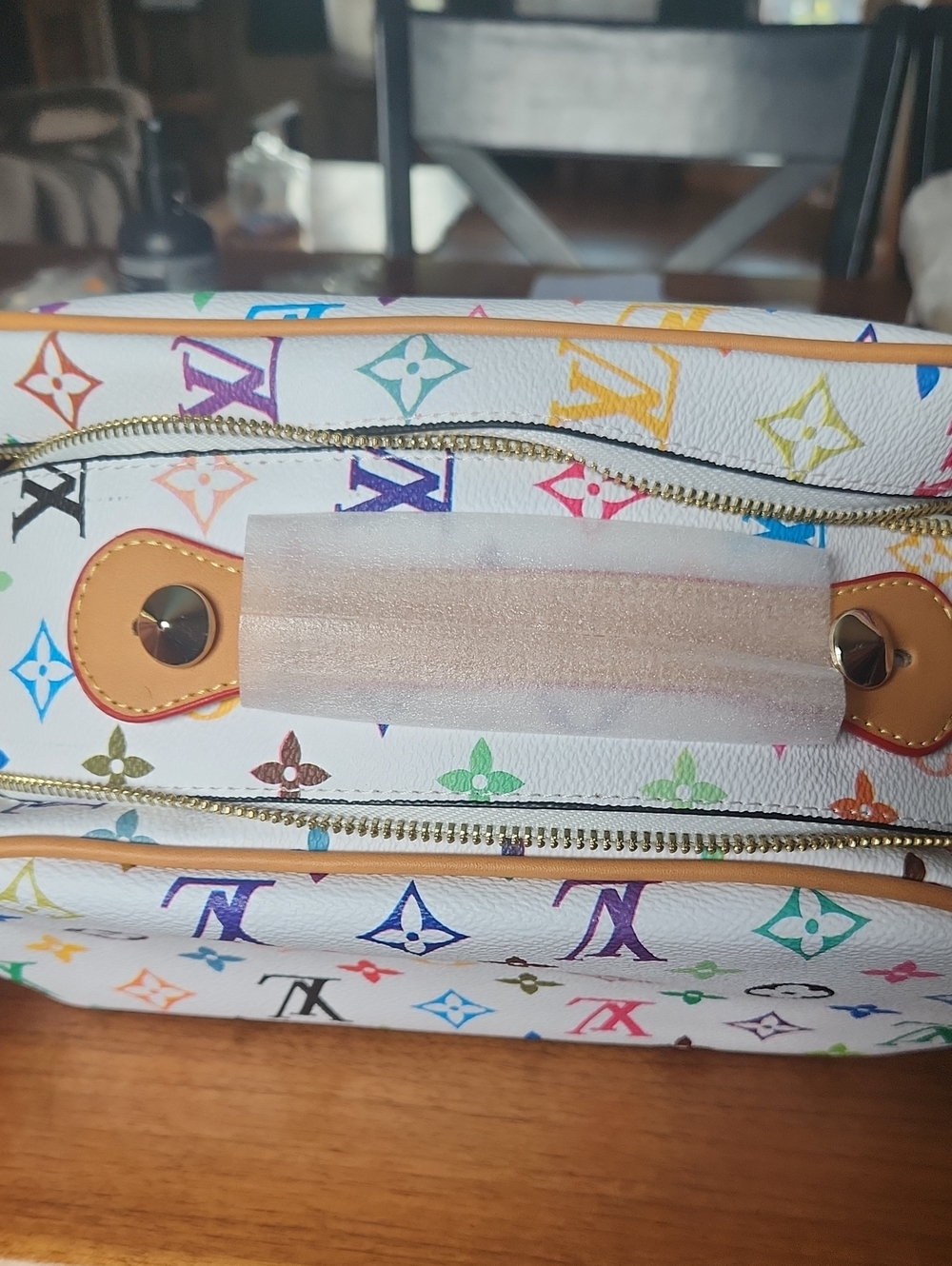 Fashion to Figure White Multicolor Logo Print Tote with Tan Trim